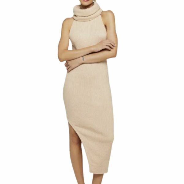 Vestido Midi com Gola Alta Tricot Bege - ANIMALE ✨